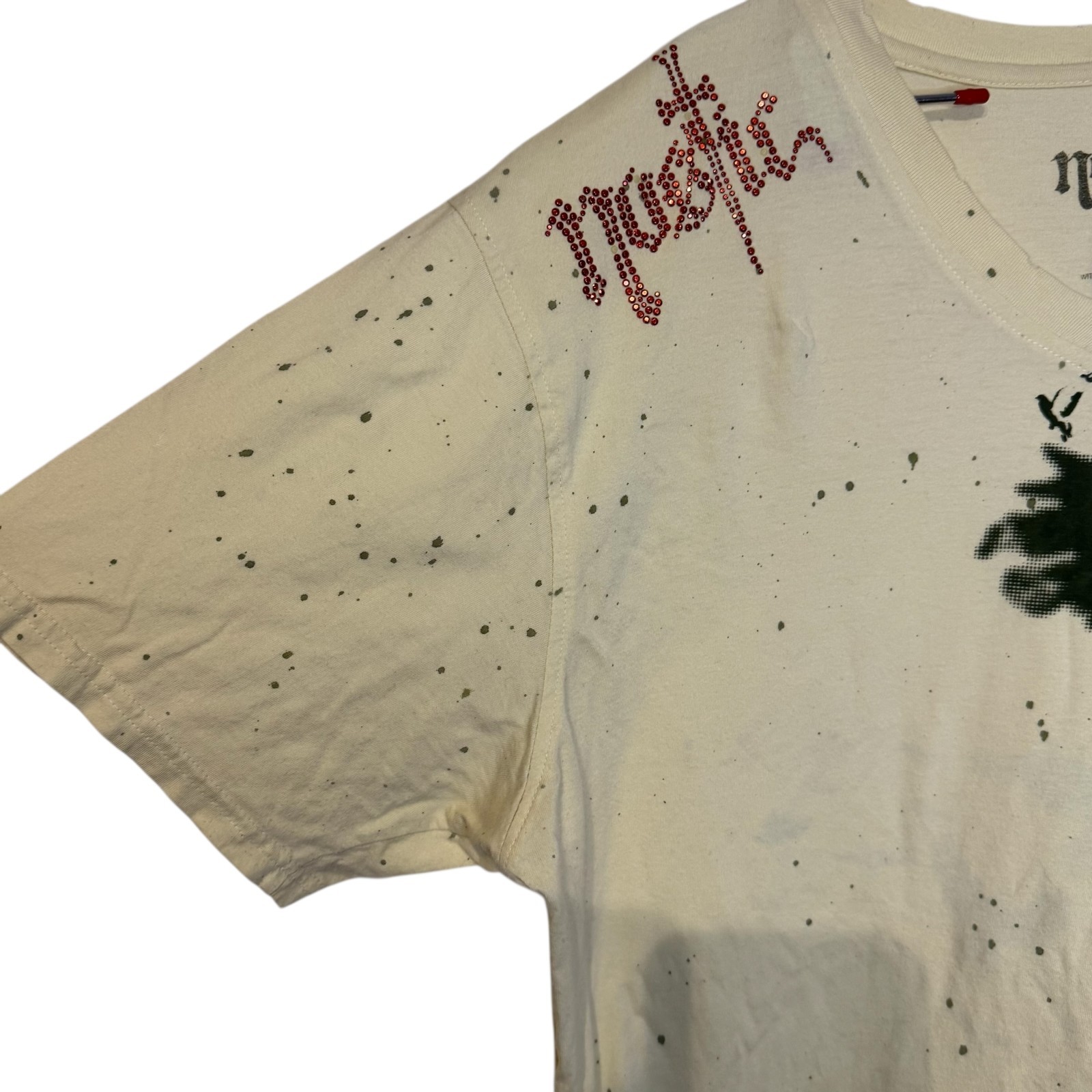 Nostic Men’s T-Shirt Paint Splatter Beaded V-Neck Short Sleeve Cotton Beige XL
