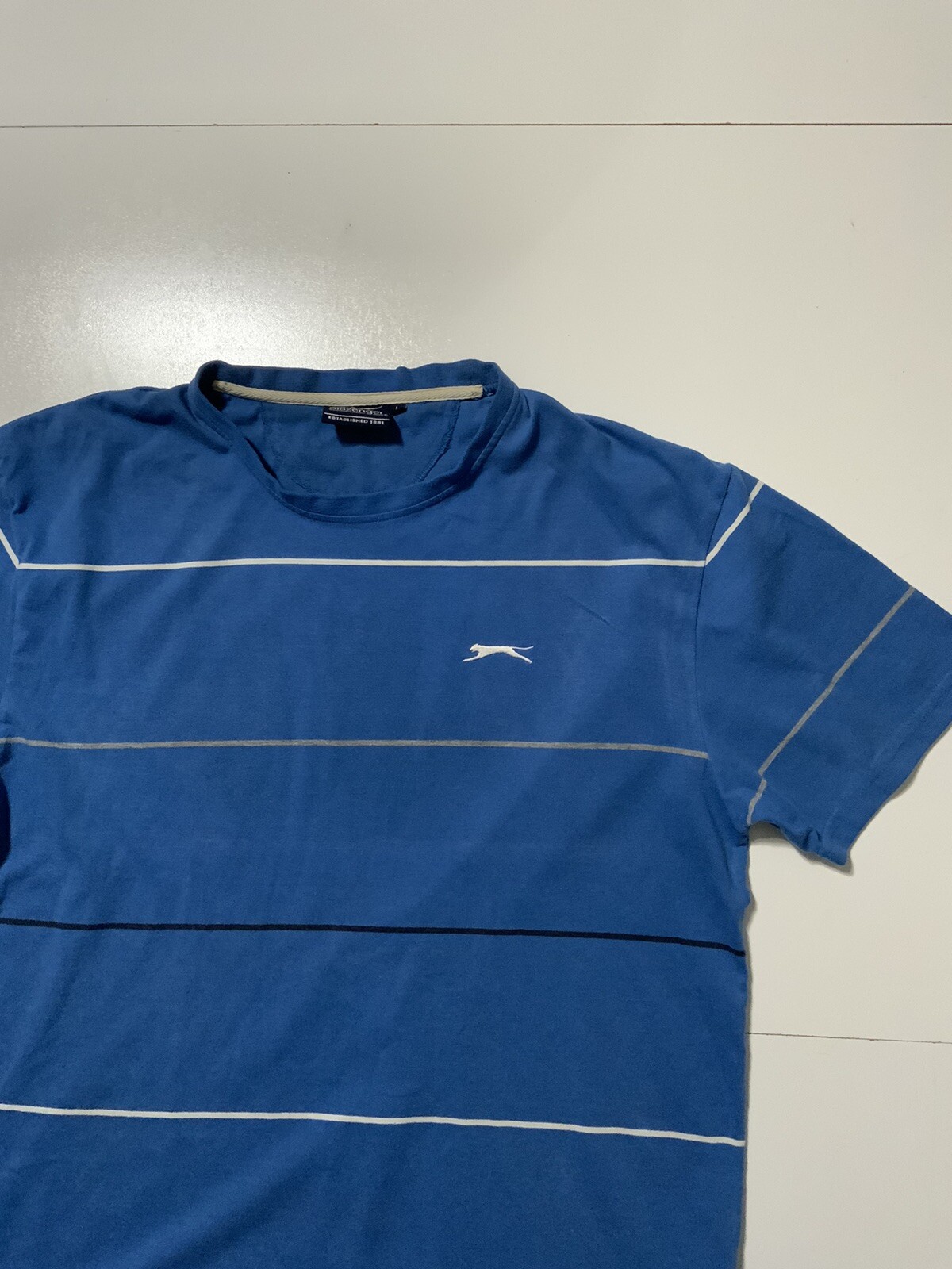 Vintage Slazenger Striped Blue Tennis Embroidered Logo S/S T-Shirt Sz. L