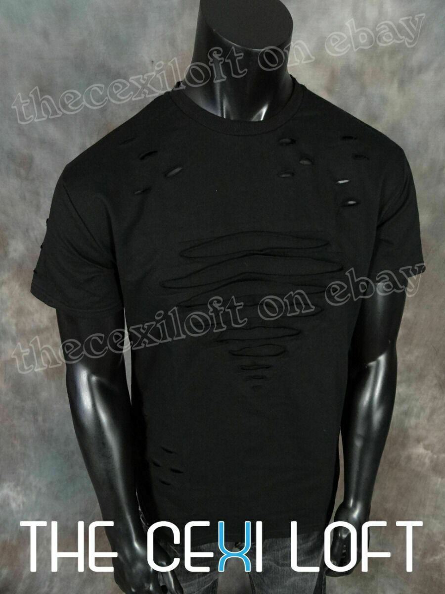 Mens KROME brand T Shirt Shredded Front Holes Black HipHop Slim Fit