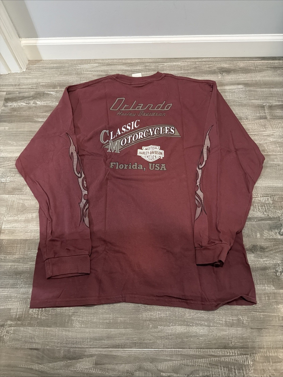 Vtg Y2K Harley Davidson Florida Long Sleeve Shirt XL Flame Sleeve Double Sided
