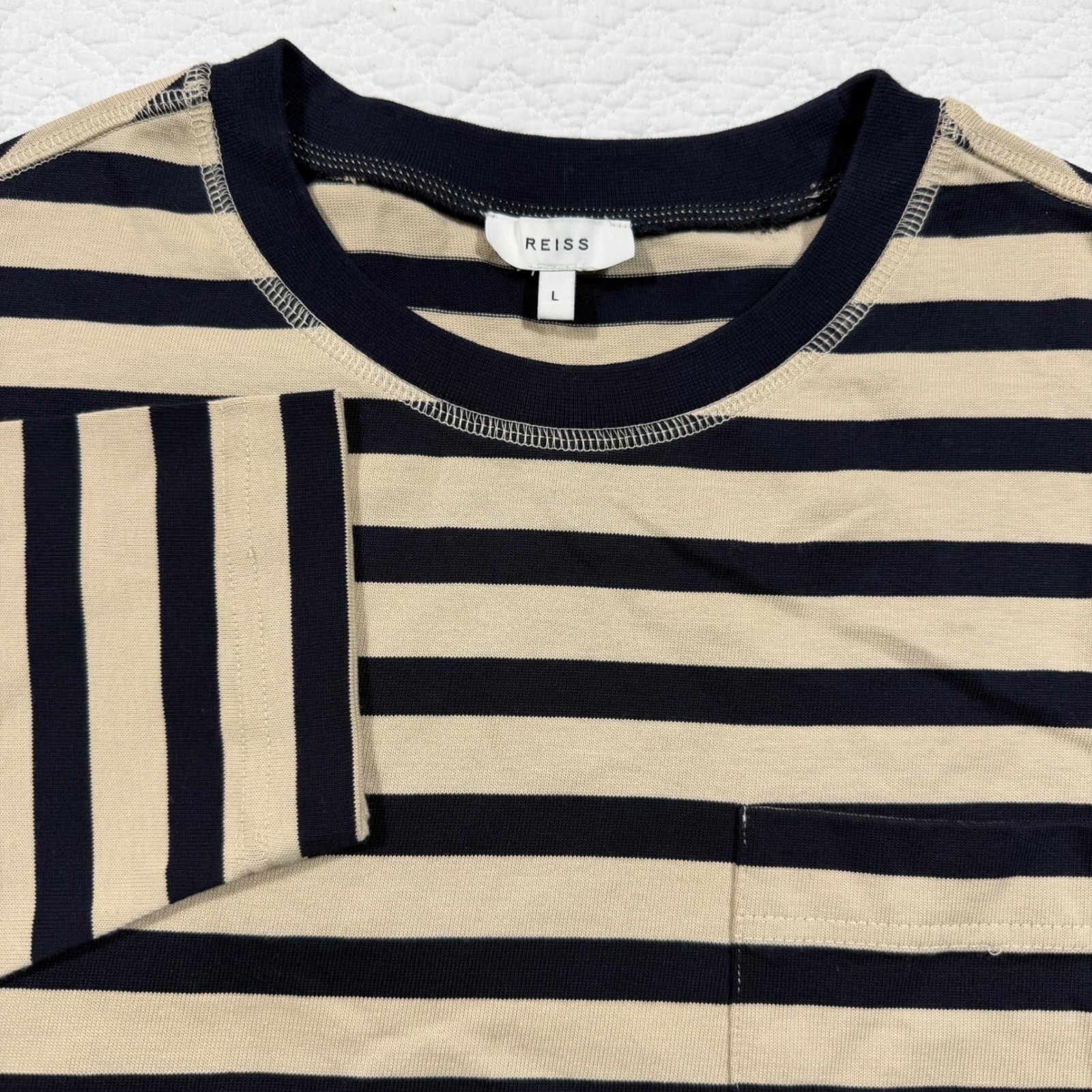 Reiss Perry Mens Long Sleeve Shirt L Striped Pocket Navy Tan Cotton Nautical