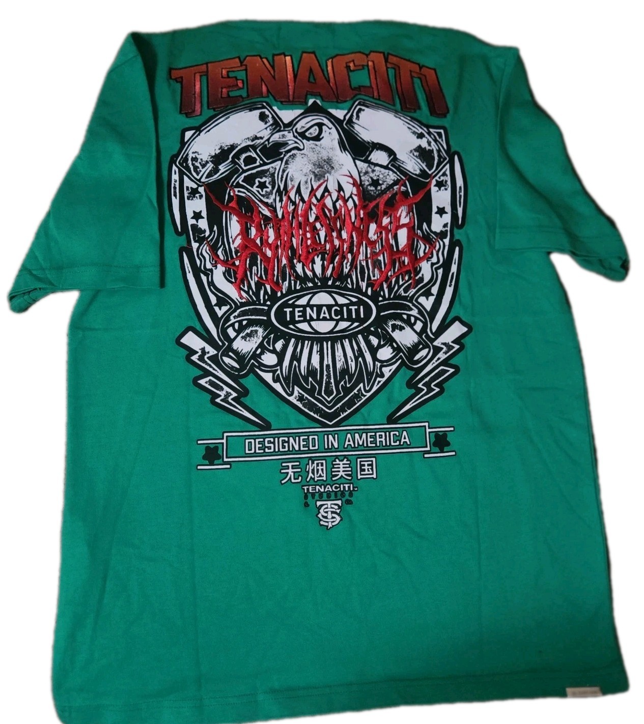 NWT Tenaciti Ruthlessness Embroidered Shirt Mens Medium Green Streetwear 31×22