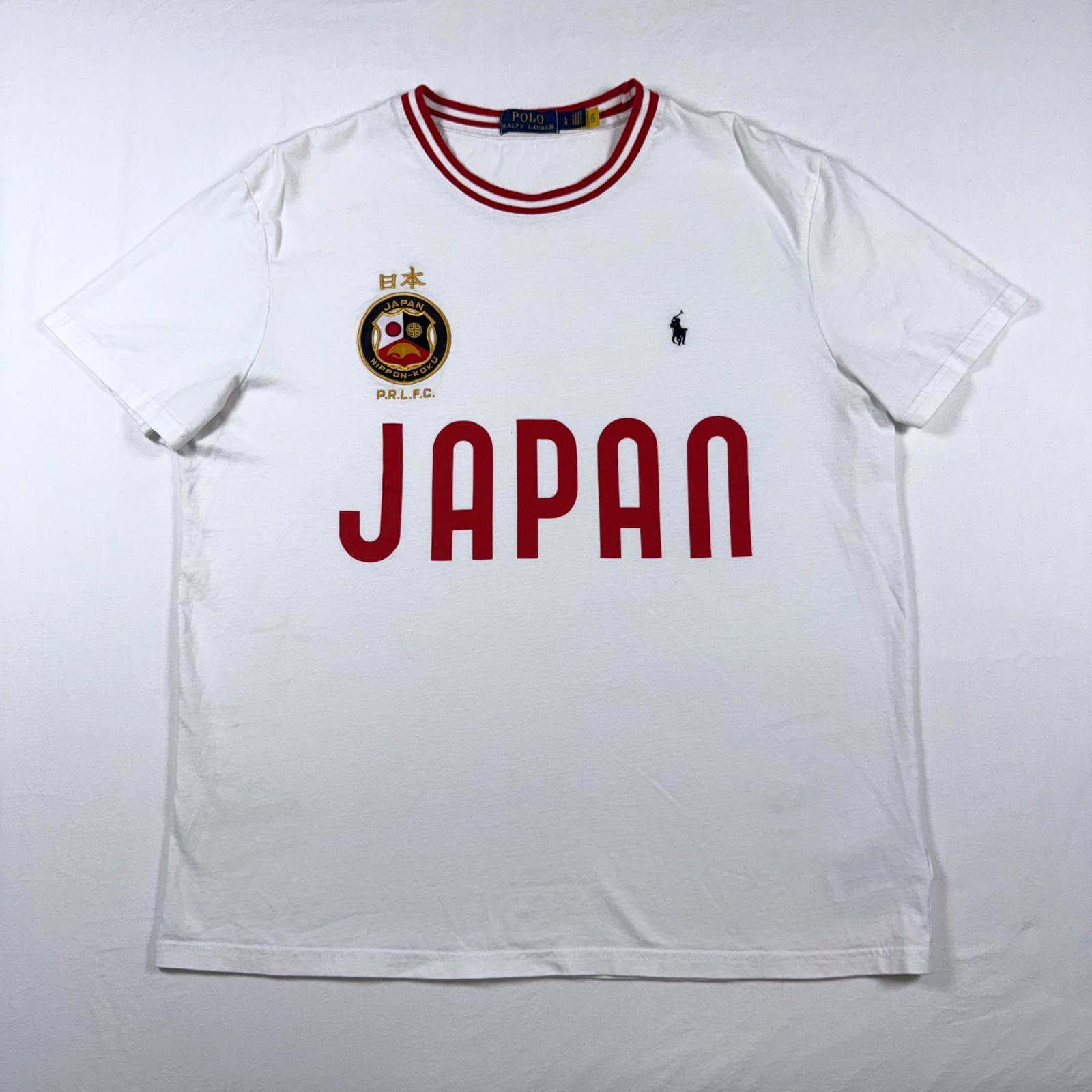 Polo Ralph Lauren Japan T-Shirt Mens Large White Graphic Patch Logo Short Sleeve