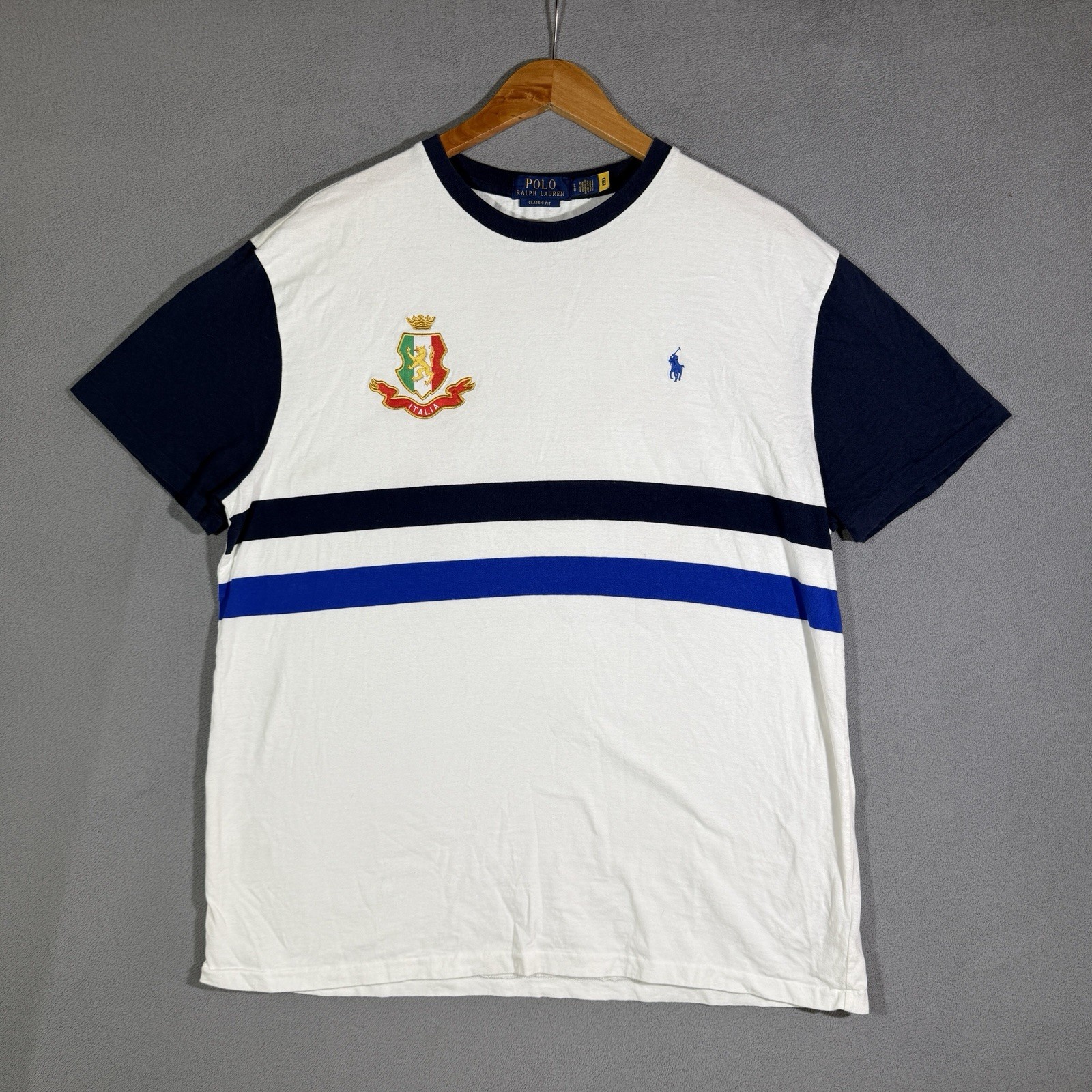 Polo Ralph Lauren T-Shirt Men L White Italia Crest Striped Classic Fit ITA 24