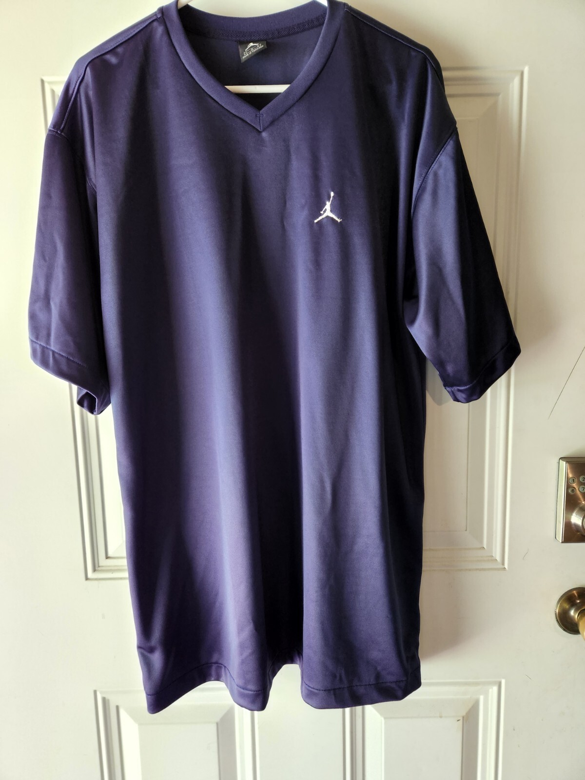 Nike Shirt Mens L G G Navy Blue Short Sleeve V-Neck Swoosh Logo Polyester