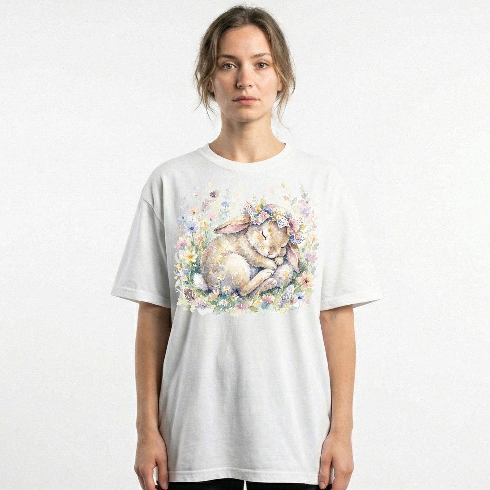 Cute Easter Bunny Floral Watercolor Spring T-Shirt Animal Pastel Holiday Tee