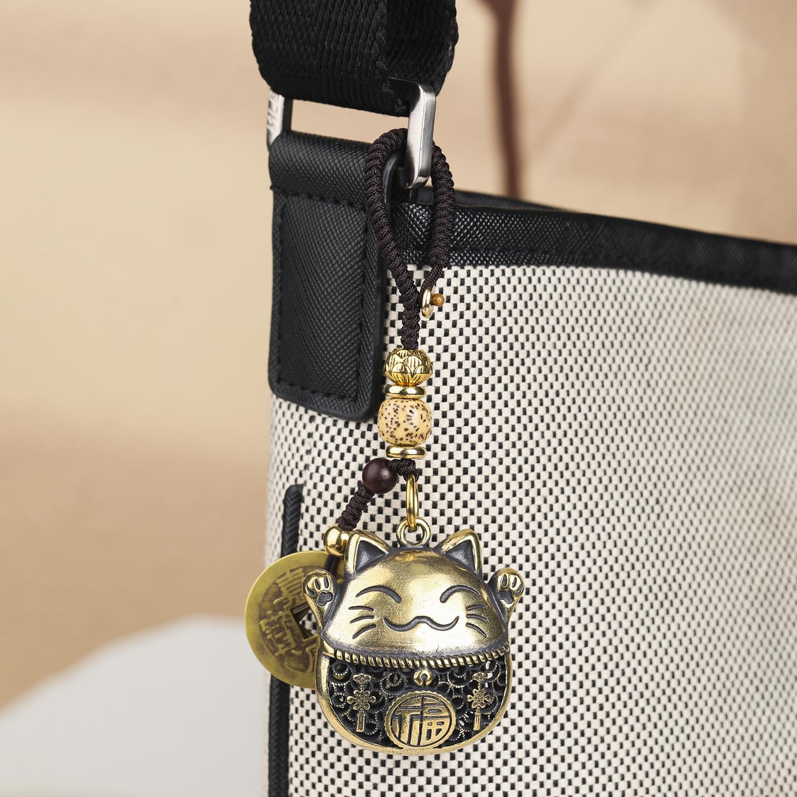 Brass Lucky Cat Keychain with Five Emperors Money Feng Shui Coins, Maneki Nek…