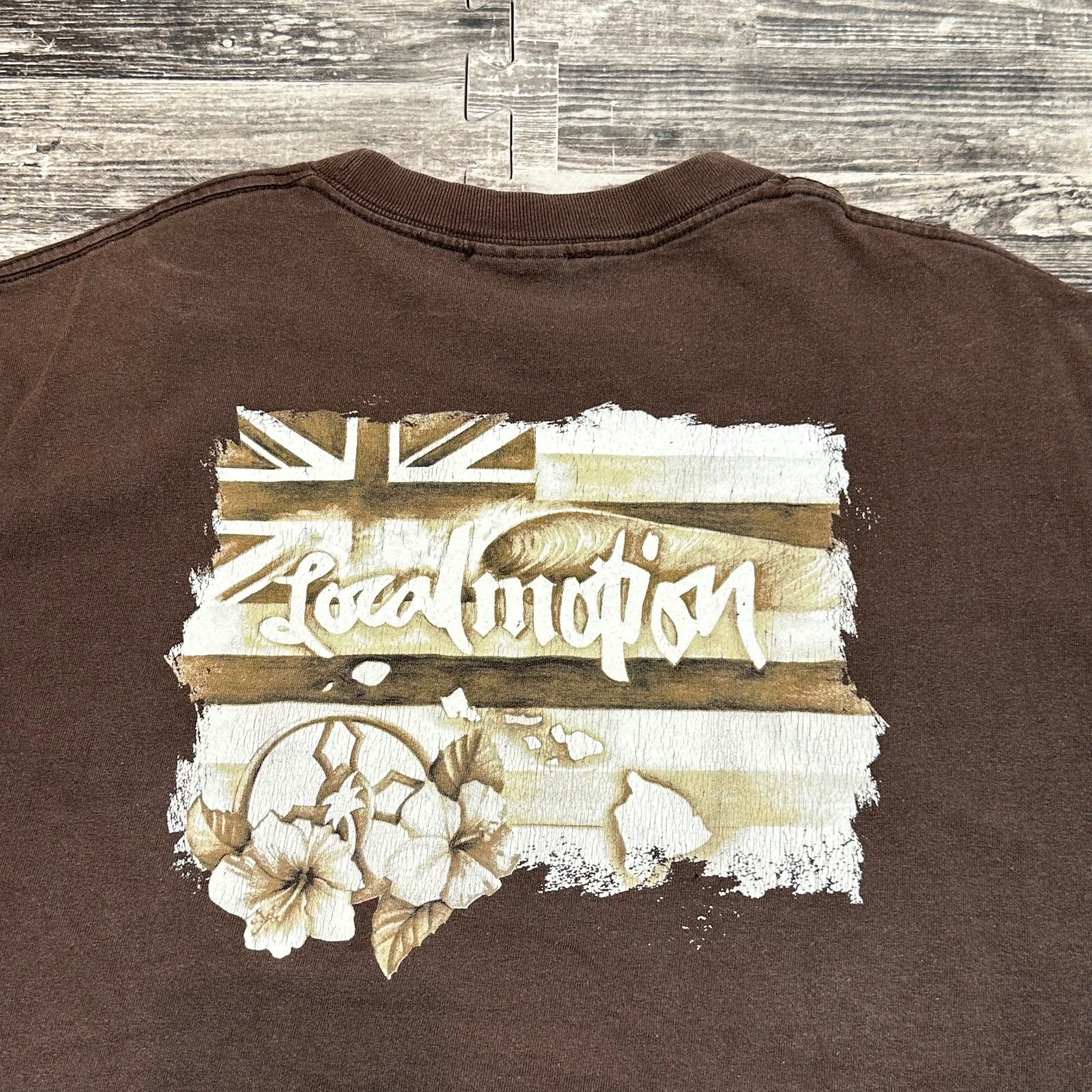 Local Motion Maui Surf Mens Large Vintage Y2K Graphic Print Brown T Shirt Tee
