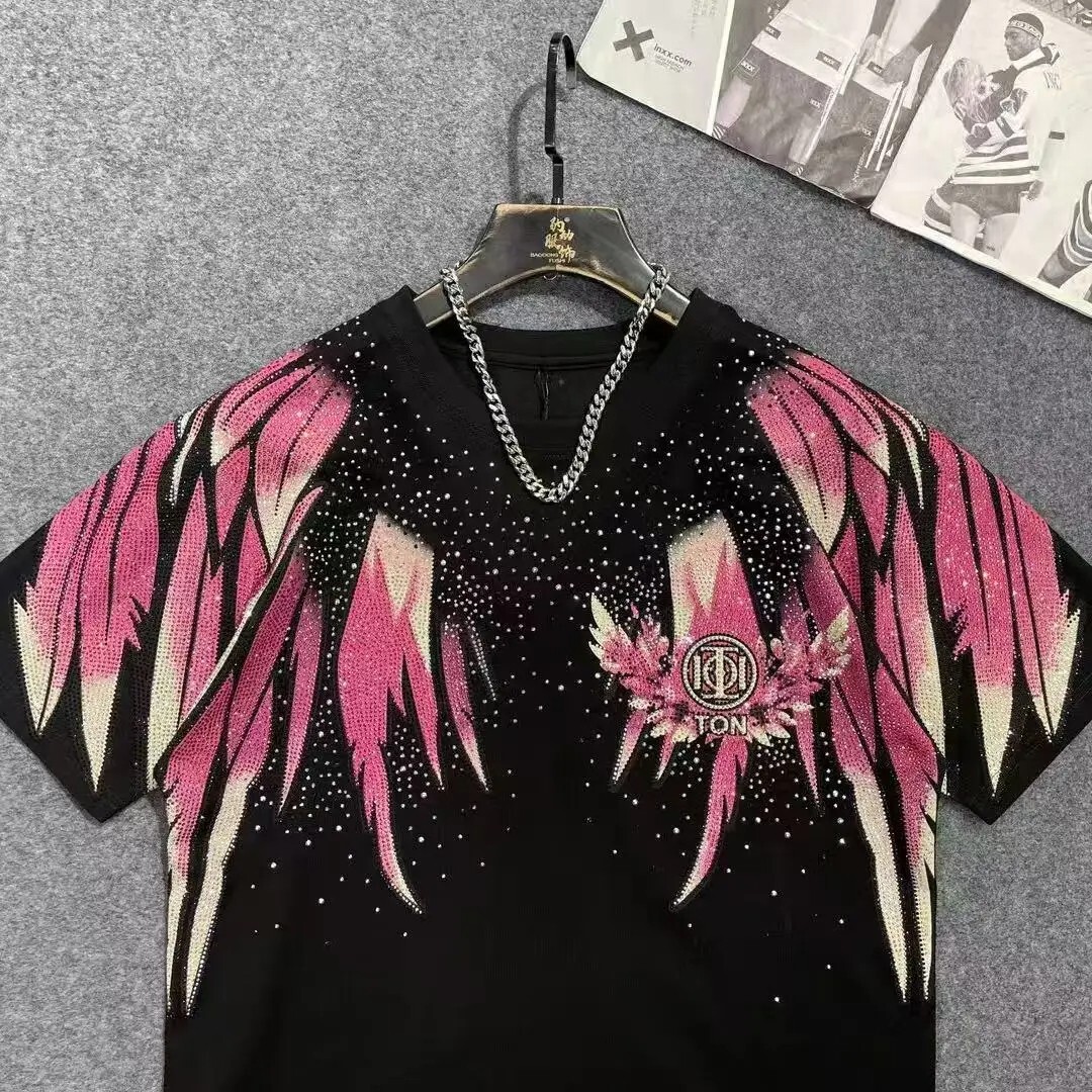 New Men Luxury Diamond Wings Rhinestones Fashion T-Shirt High Quality