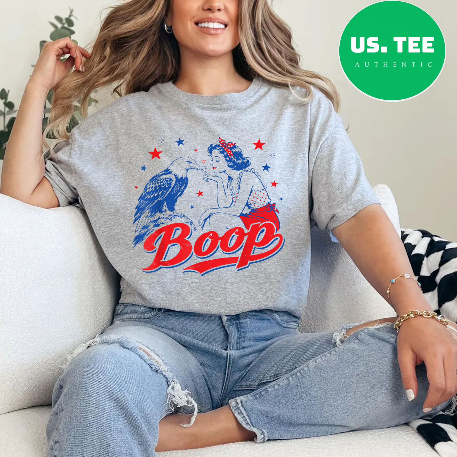 Funny Hand Boop Nose Girl Eagle Funny Patriotic 4th of July T-Shirt