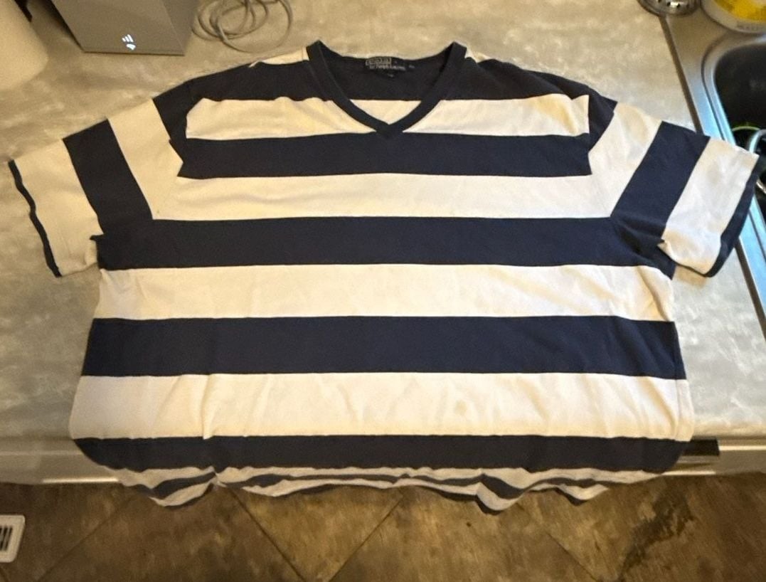 Polo Ralph Lauren Navy Blue & White Striped T-Shirt Size XL Bottom Hem Logo