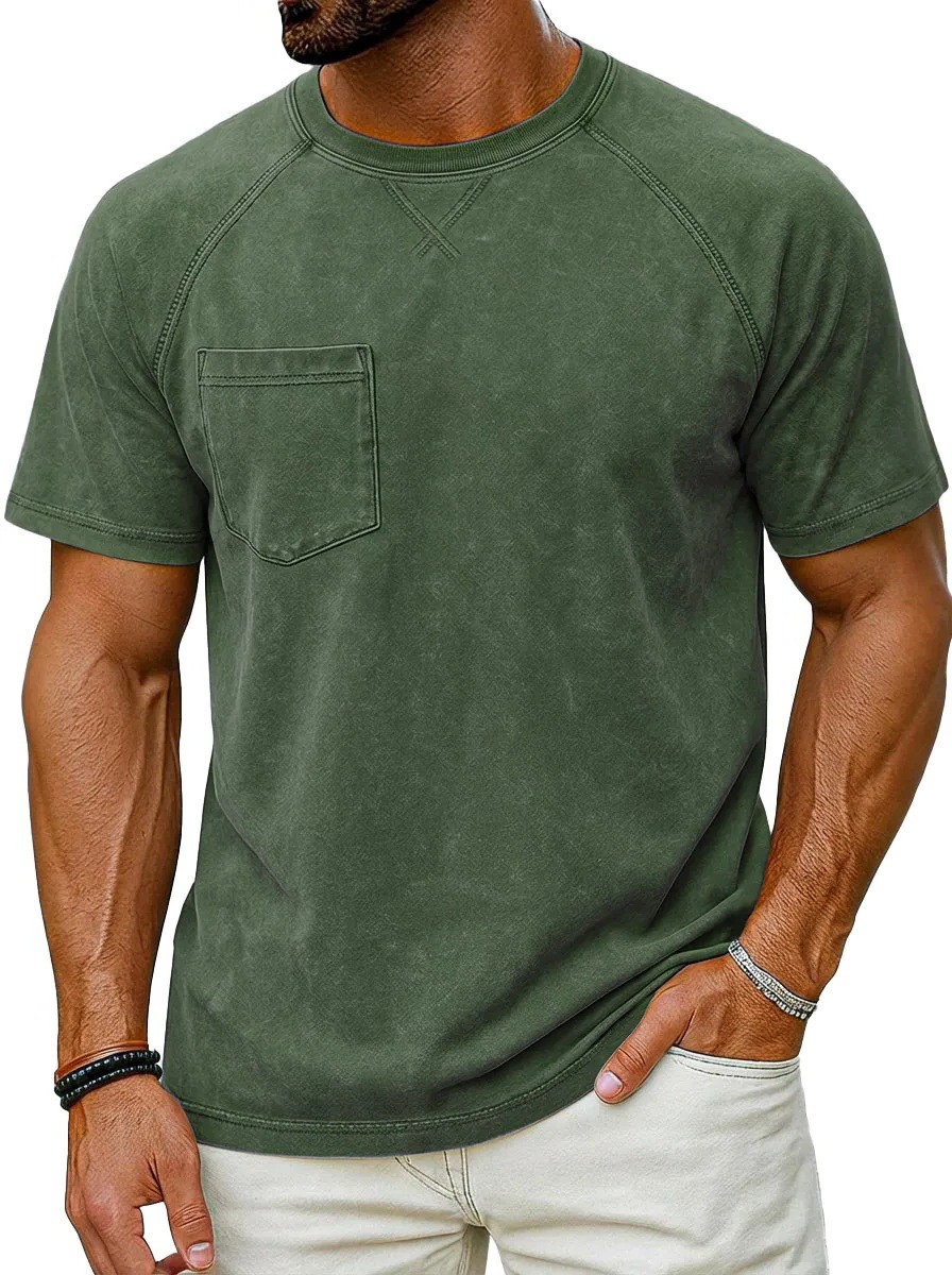 Men’s Vintage Washed Raglan Short Sleeve T-Shirt, Pocket Crew Neck Casual Tee