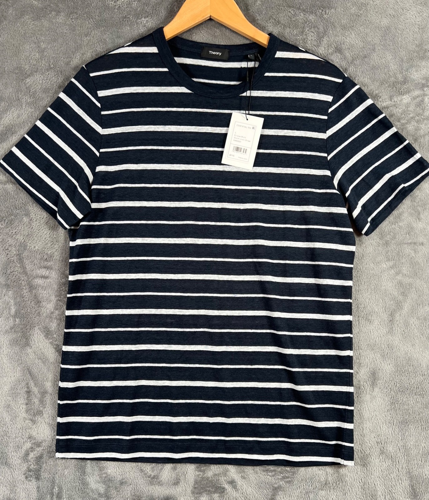 Theory Linen T Shirt Mens Large Blue White Stripe Short Sleeve Essential Tee NWT