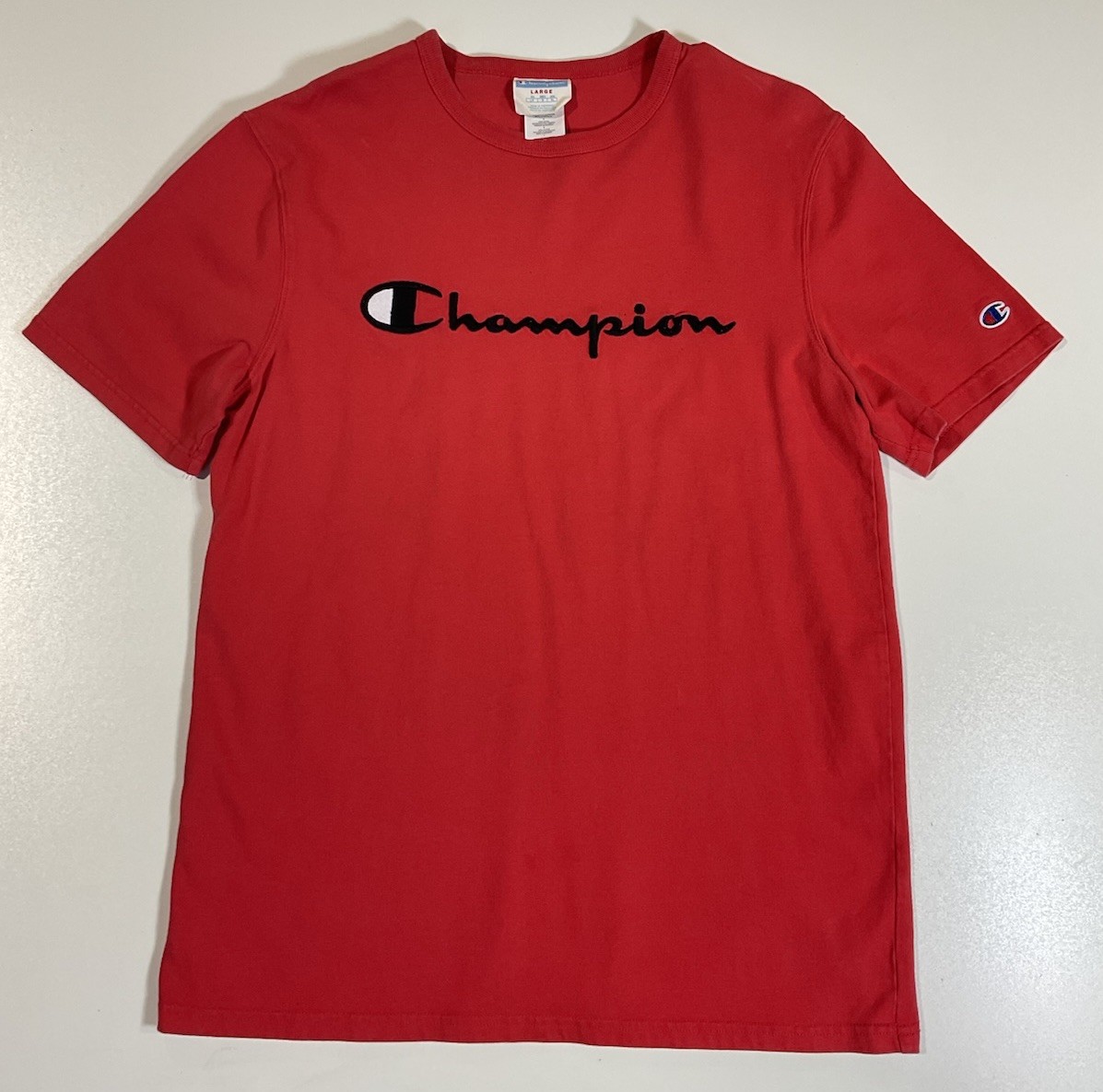 Champion Embroidered Script Logo T Shirt Sz L Red Sportswear