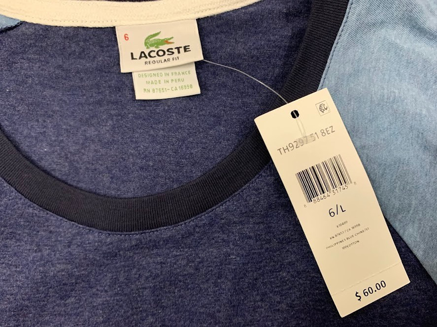 Lacoste Shirt Mens Size 6 Large XL NWT Blue Colorblock Raglan Tee Cotton Peru