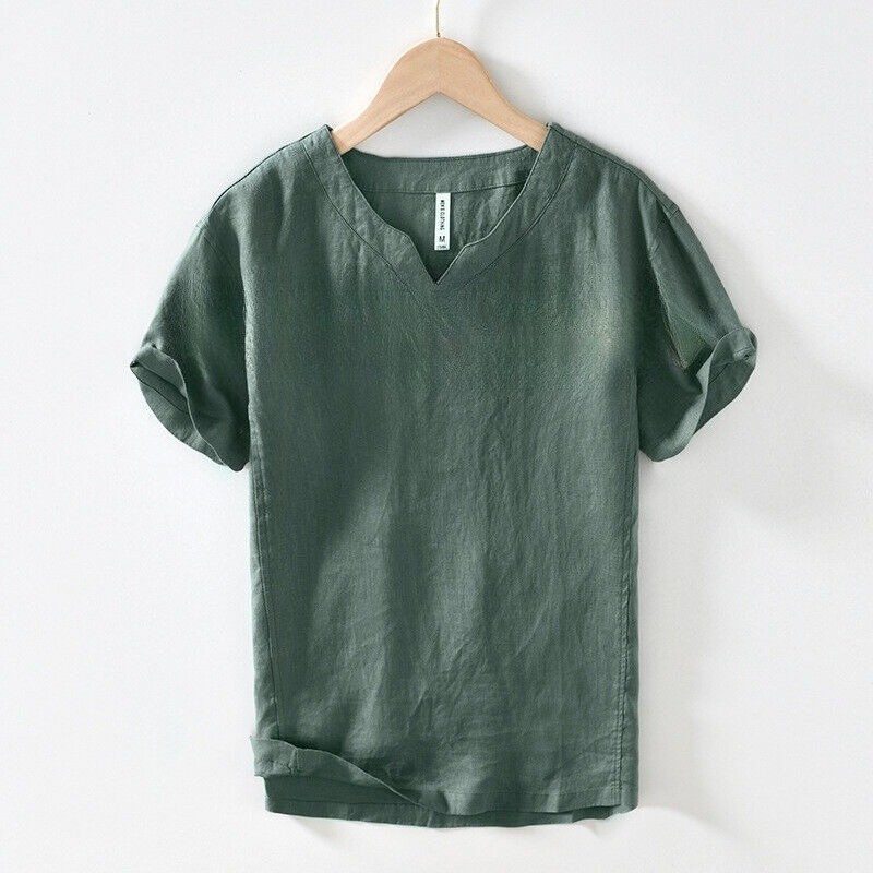 Men 100% Linen V Neck T-shirt Retro Summer Short Sleeves Tops Casual Undershirt