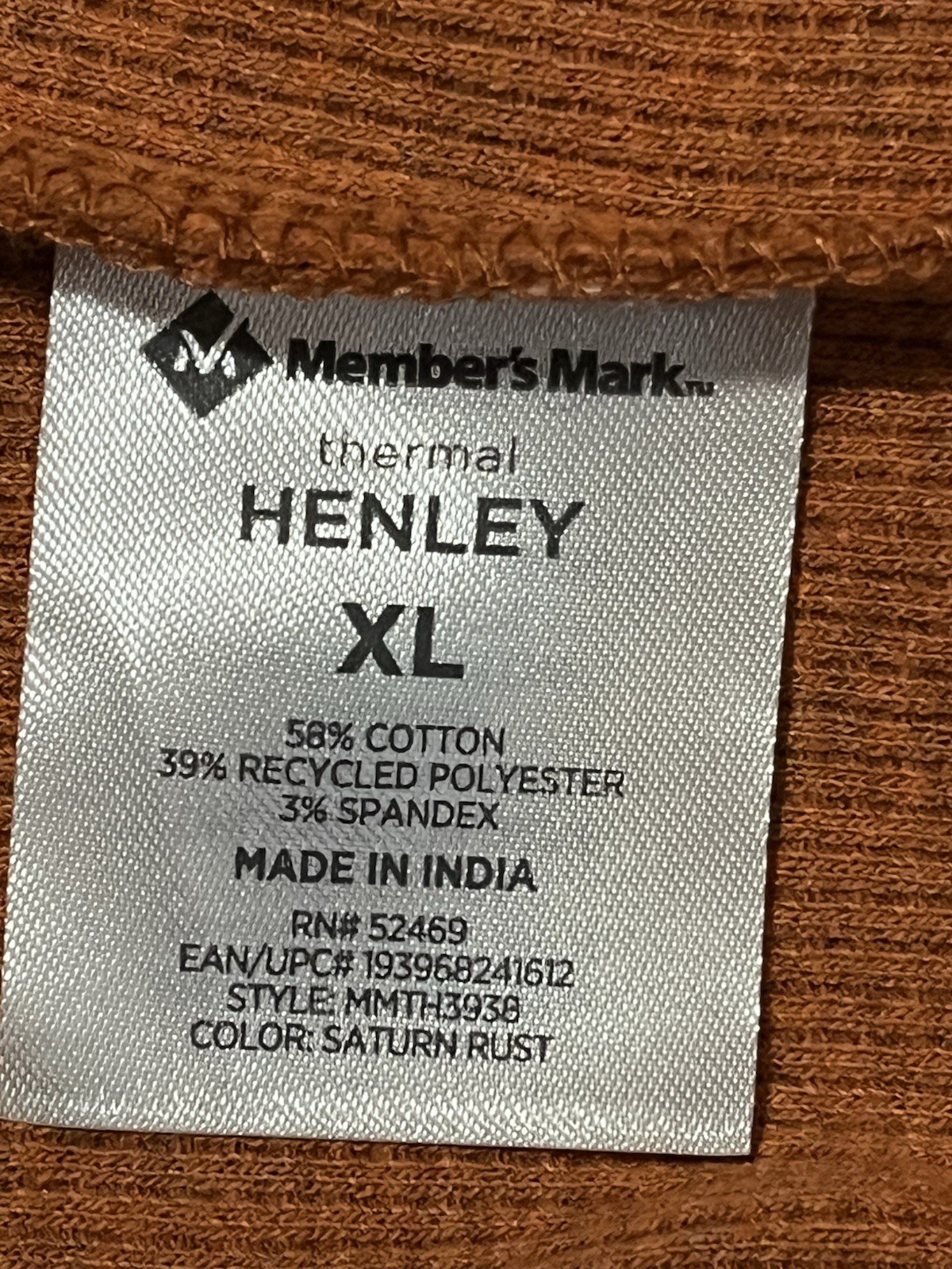 Therma Henley Men’s Rust Shirt Waffle Knit Cotton Blend Thick Fall XL New