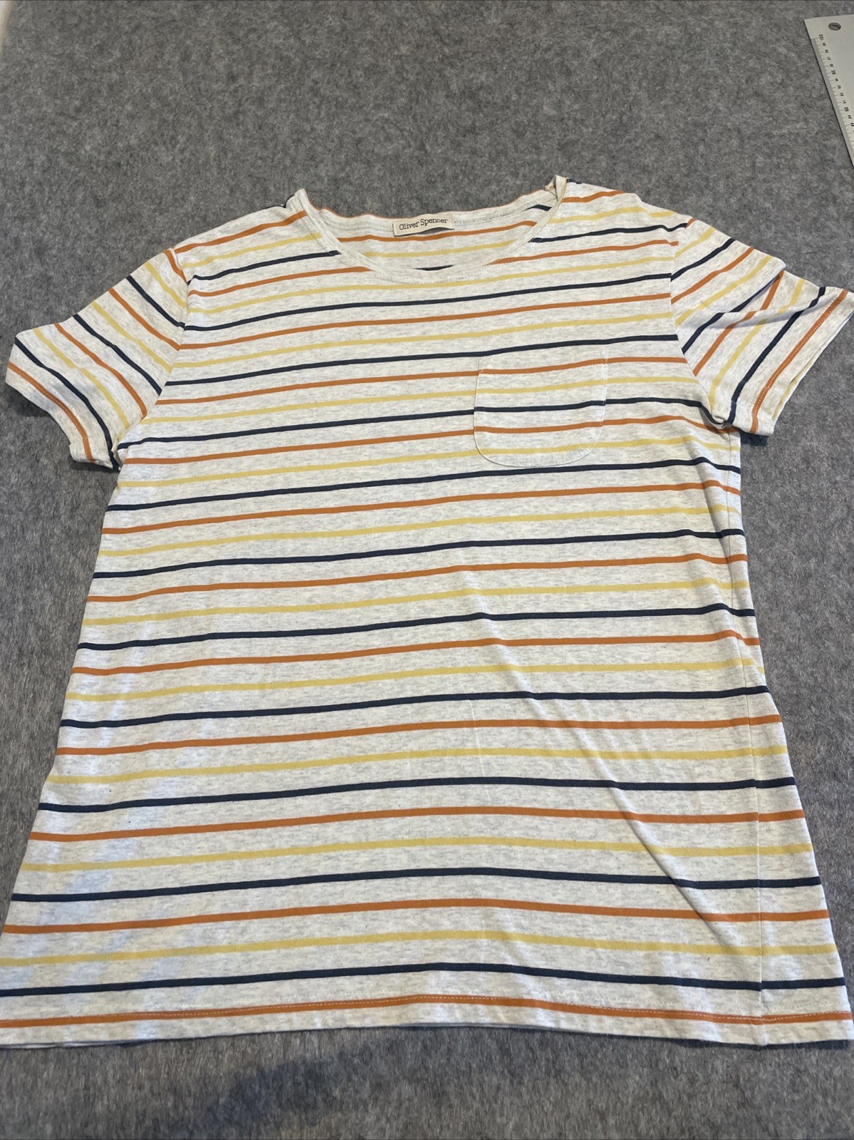 Oliver Spencer T Shirt Men’s Small Grey Multicoloured Stripes Pocket Tee