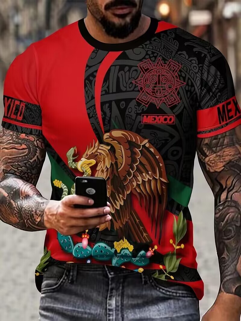 T Shirt Mexican Aztec Eagle Cactus Fashion Mexico Men Short Sleeve Red Black Tee
