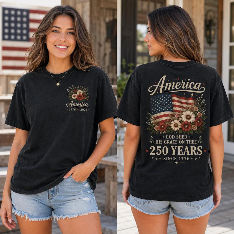 America 250 Shirt, Floral USA Flag, God Shed His Grace, Front and Back Tee