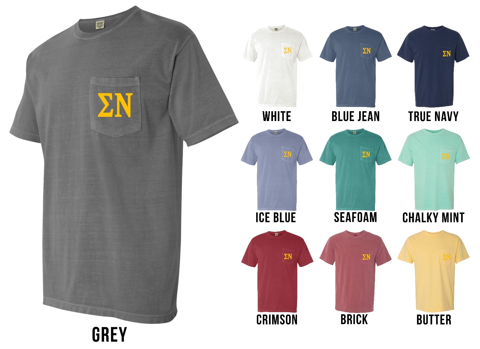Sigma Nu Fraternity Letters COMFORT COLORS POCKET Shirt – NEW