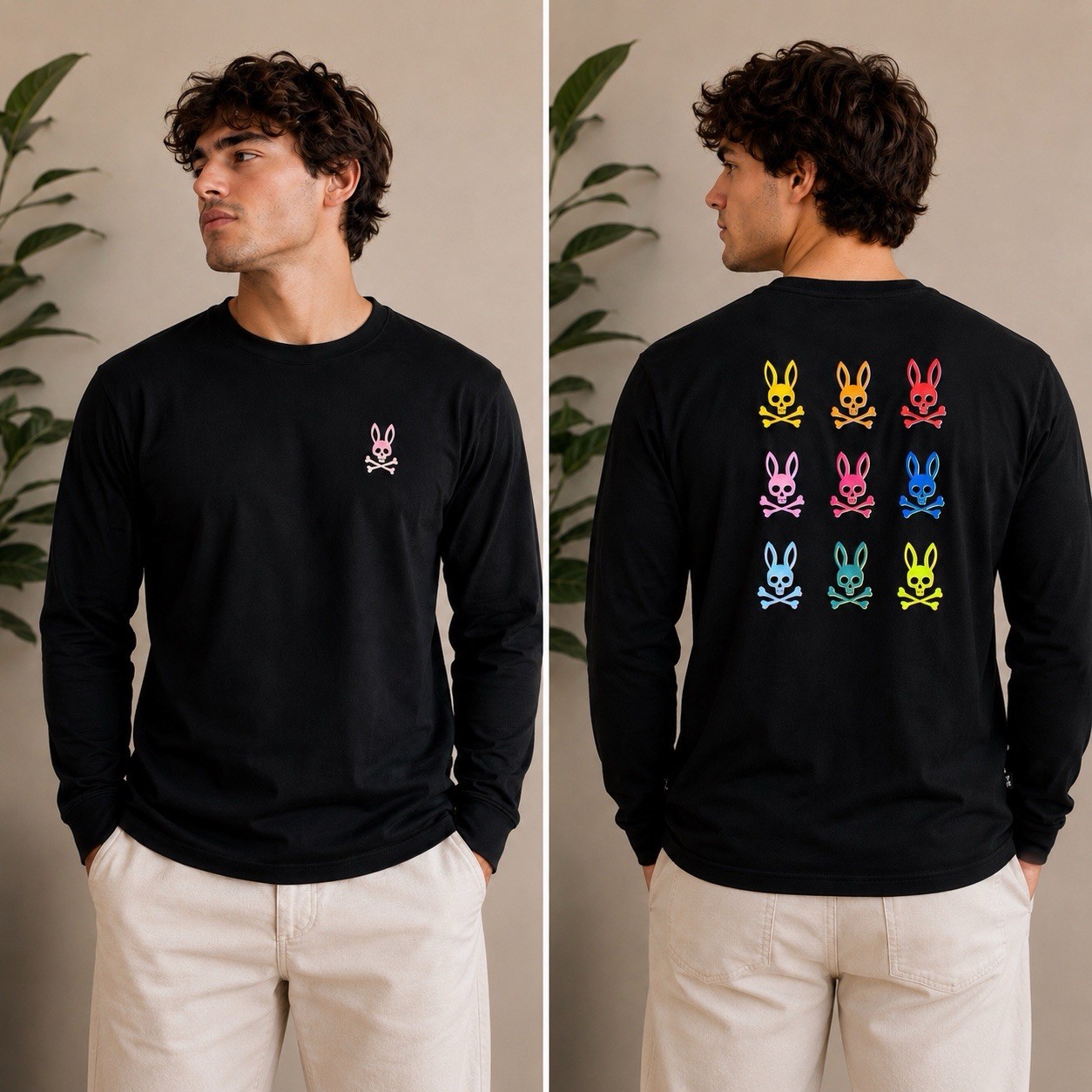 Psycho Bunny Men’s Multicolor Bunny Graphic Long Sleeve Pima Cotton Tee Large