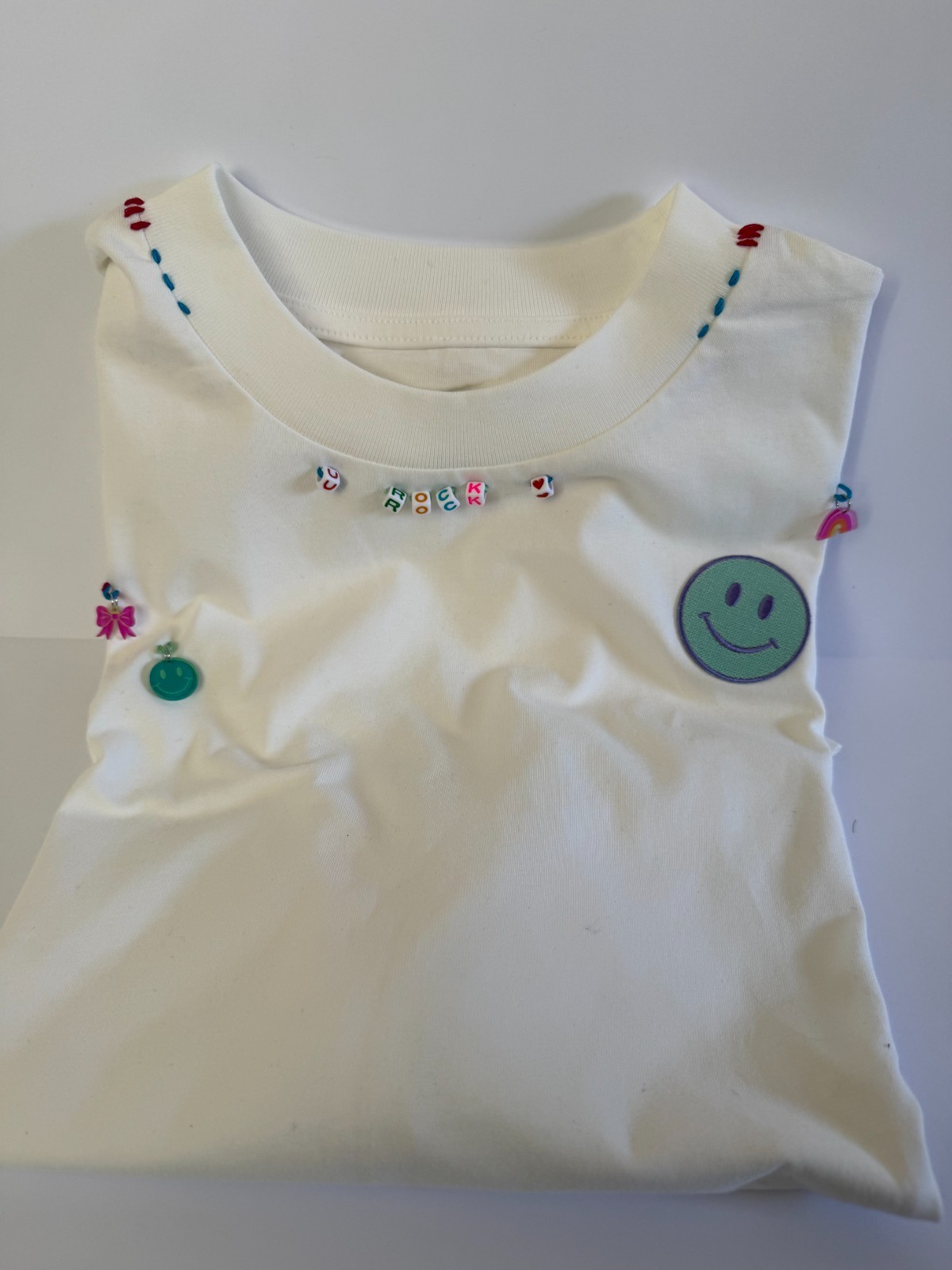 Oversized White Shirt Y2K Smiley Beaded Charms Handmade Stelle Brand