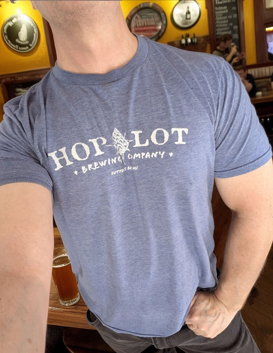 MEN’S TSHIRT Hop-a-Lot Brewing Blue Thin Brewery Shirt Suttons Bay MI Beer LARGE