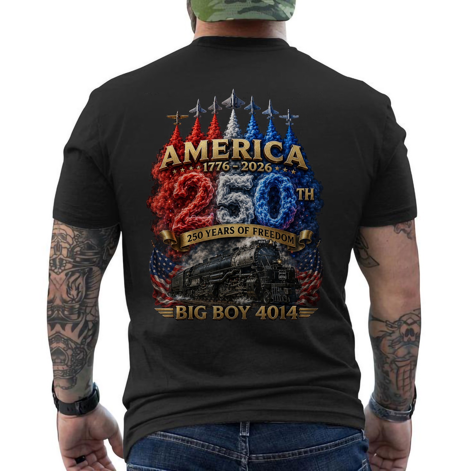 250 Years Big Boy 4014 Train US Flag Fighter Jet Vintage Patriotic ON BACK