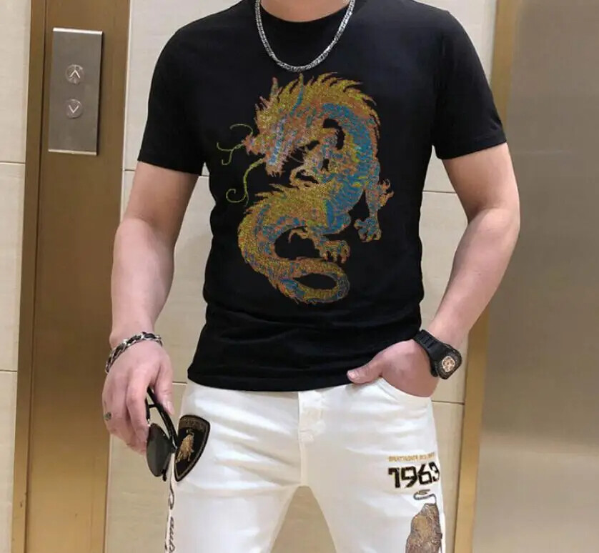 New Men Luxury Diamond Dragon Rhinestones Fashion T-Shirt High Quality 3 Colors