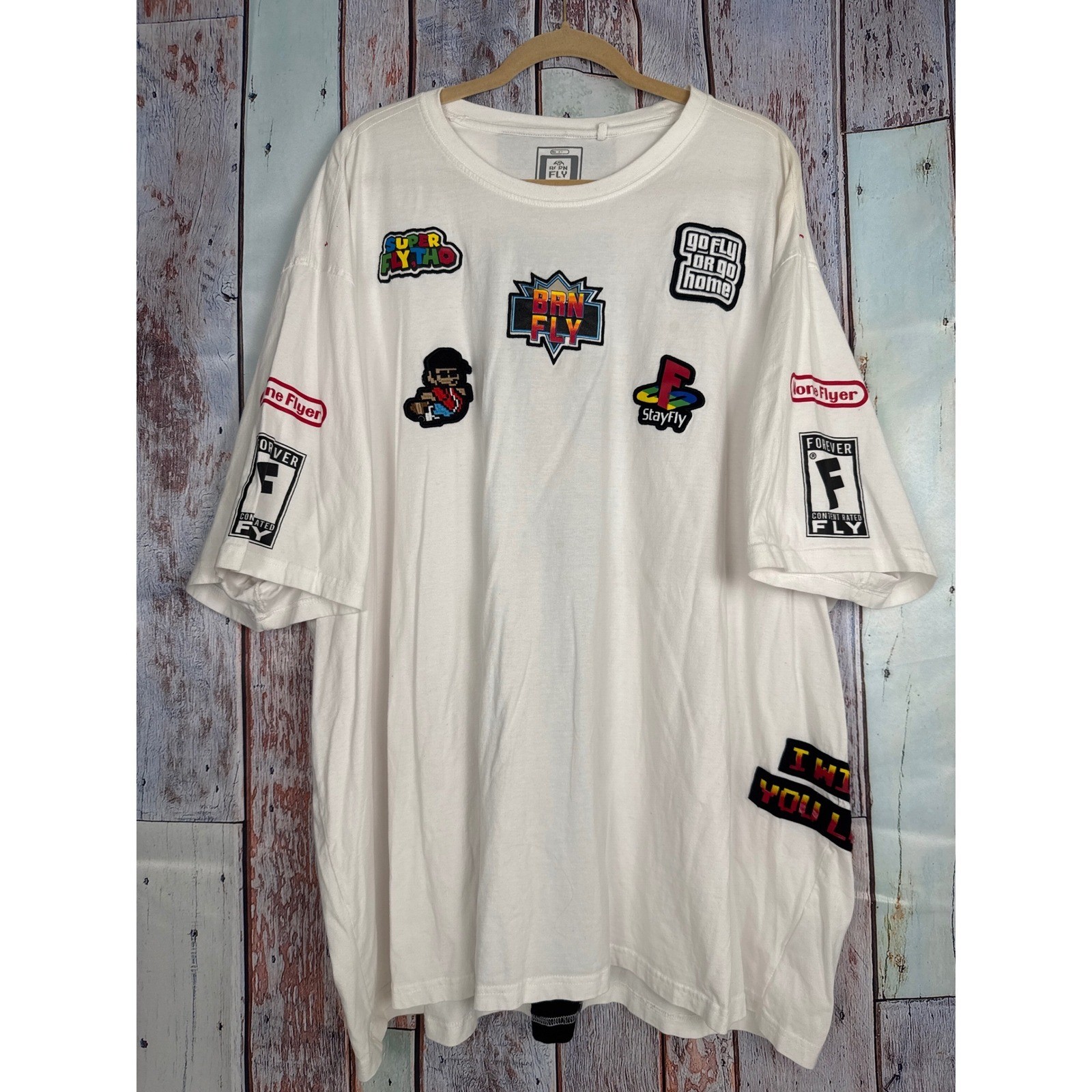 Born Fly Men Gamer Graphic Patches White T-Shirt Short Sleeve Streetwear 4XL-6XL