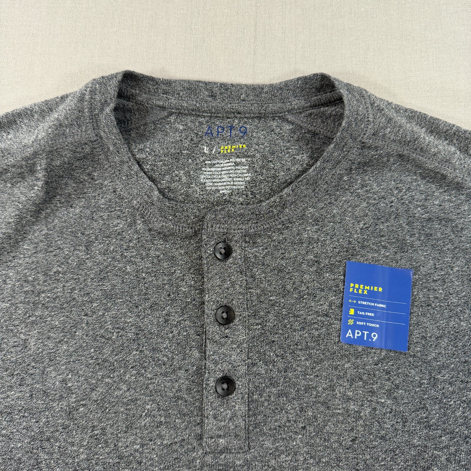NWT Apt 9 Premier Flex Long Sleeve Henley Shirt Mens Large Gray Solid Stretch