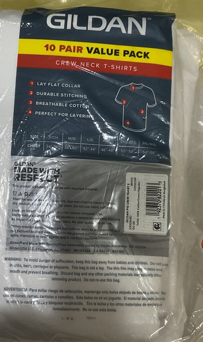 Gildan Men’s 10 Pack Short Sleeve Crew T-Shirt Tag-Free White Size Small NEW