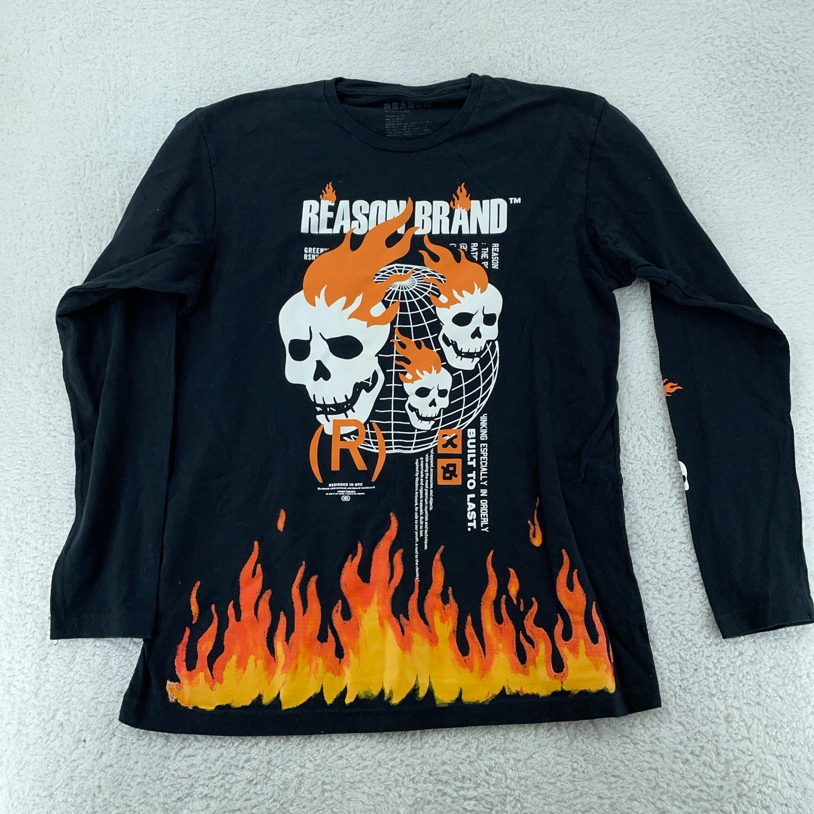 Reason Brand Design Studio Skull Flame Placement Shirt Mens XL Black Streetwear