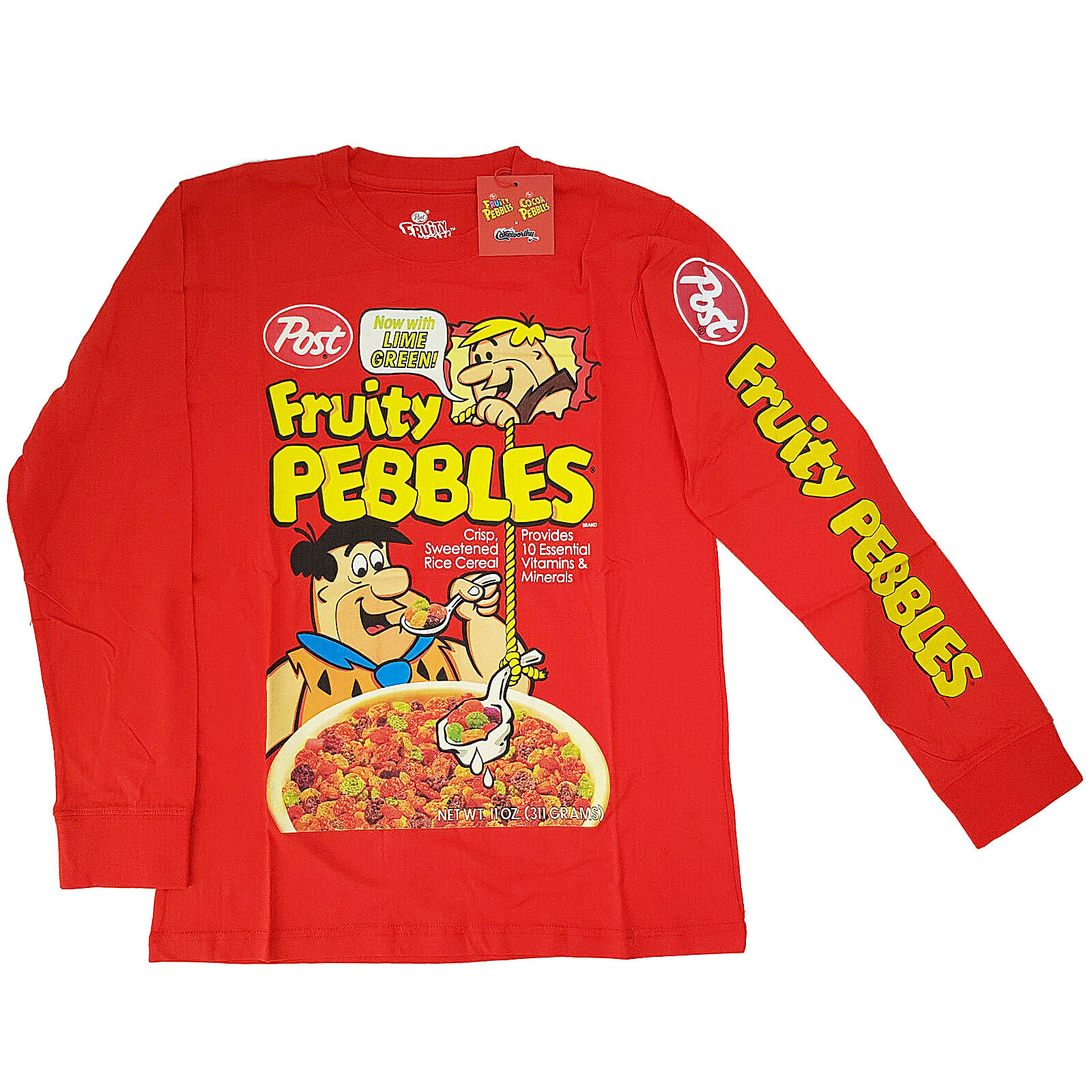 Cakeworthy x Fruity Pebbles Cereal Long Sleeve T-Shirt Top Red The Flintstones