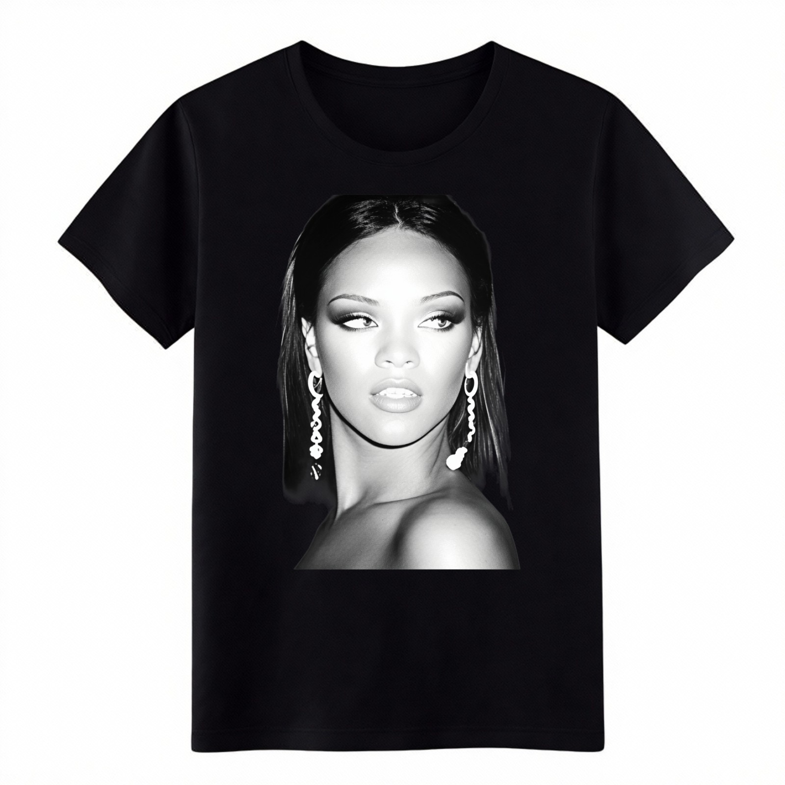 Rihanna Black and White Portrait Graphic T-Shirt,Music Fan Streetwear Cotton Tee