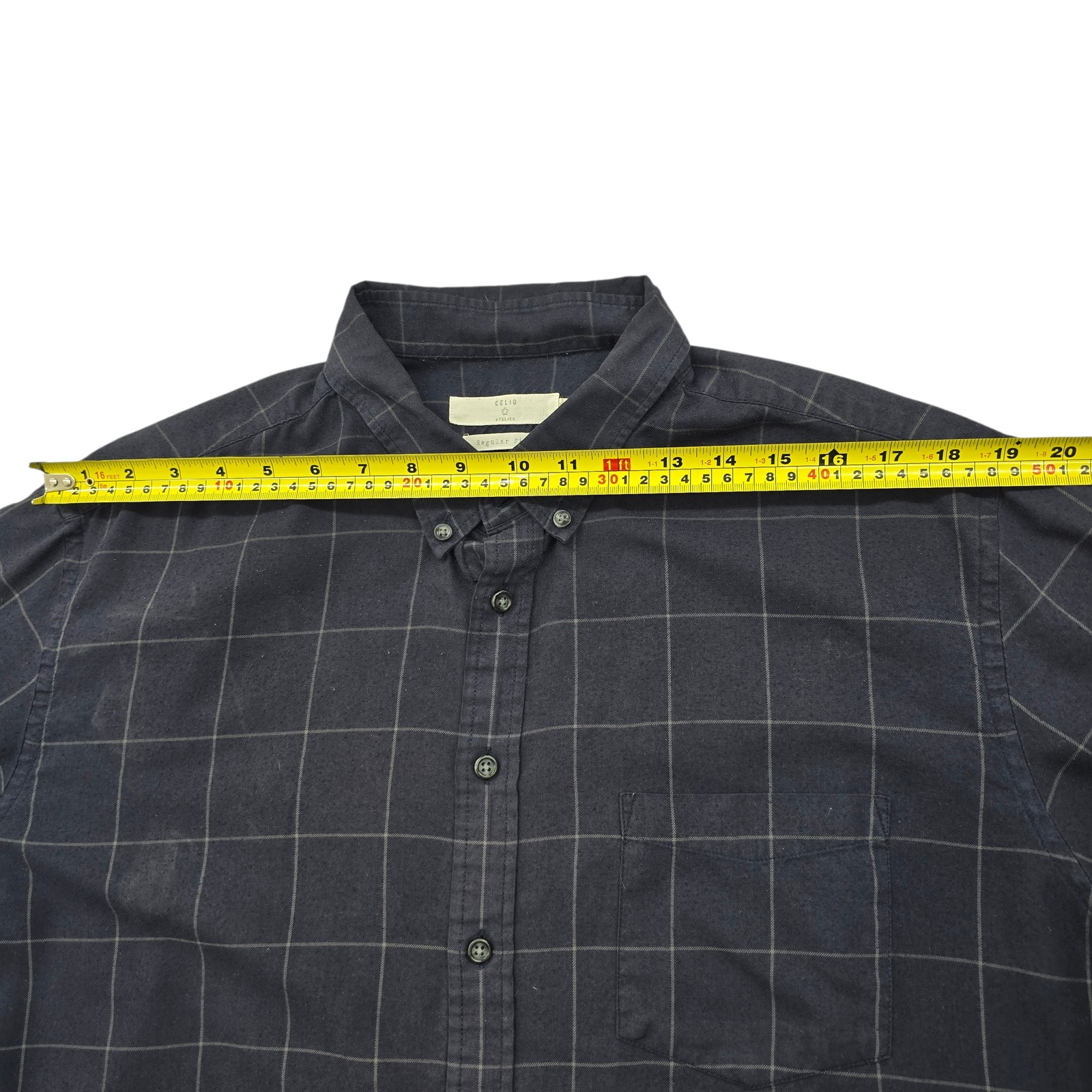 CELIO Men 2XL Navy Plaid Cotton Long Sleeve Button-Up Shirt Pocket