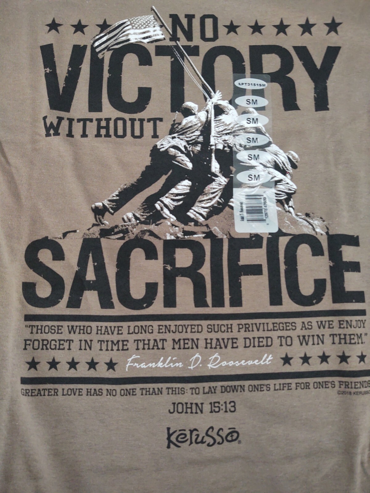 Kerusso No Victory without Sacrifice Roosevelt Gildan Heavy Cotton Tee Brown NEW