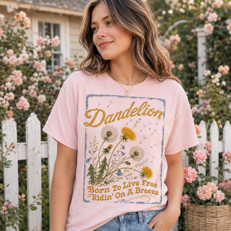 Vintage Dandelion Shirt Born To Live Free Botanical Graphic Tee Boho