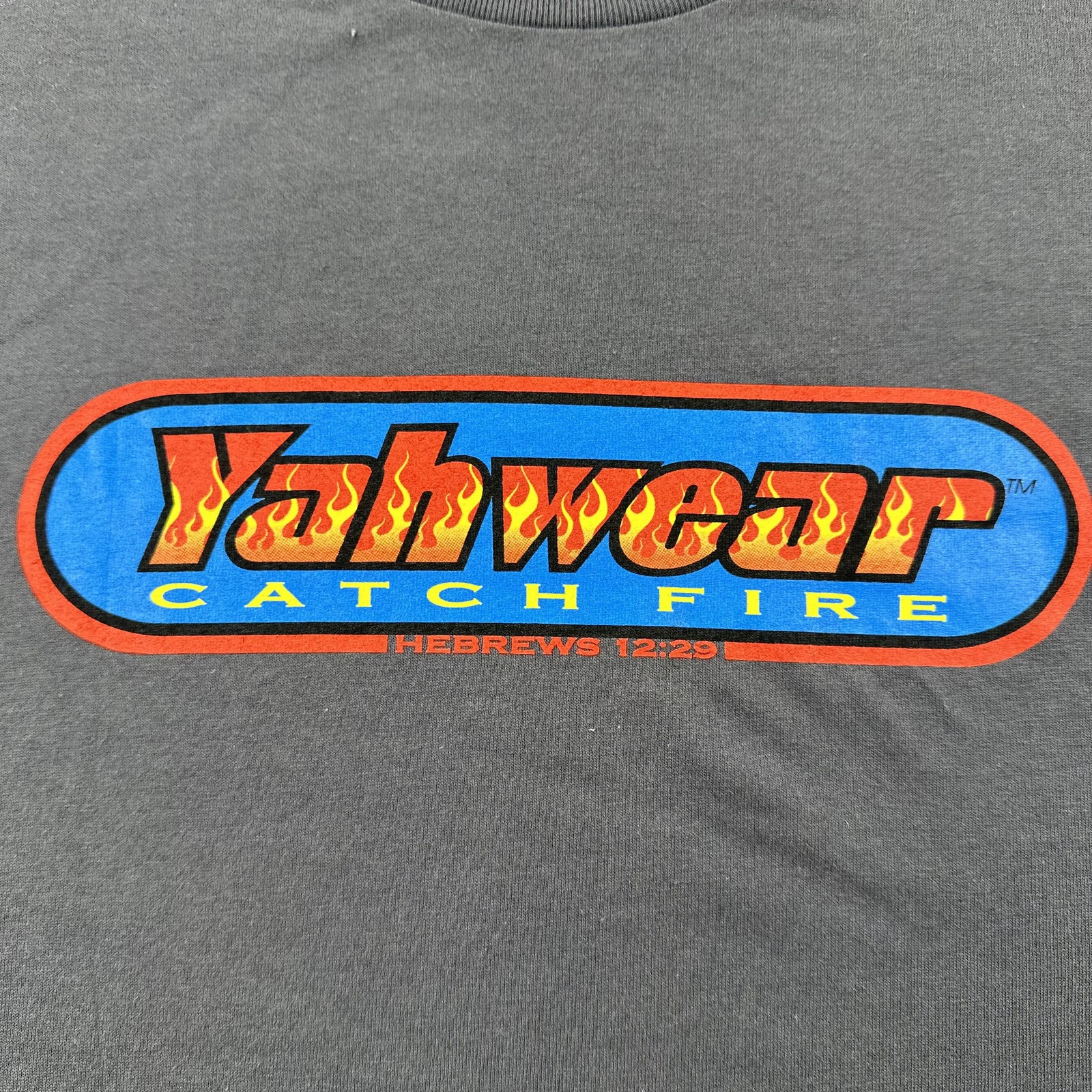 Vintage God T-Shirt Mens Medium Gray Yah Wear Hebrews Jewish Religion Fire y2k