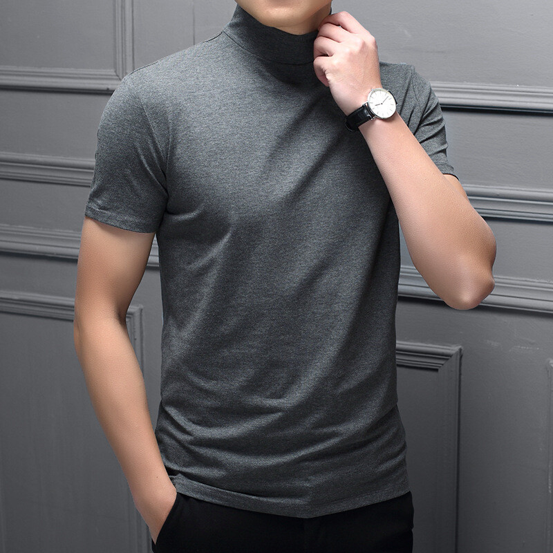 Men Half High Collar Mercerized Cotton Short Sleeve Slim Fit T-Shirt Solid Color