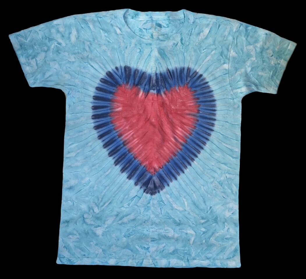 *New* 2XL – Sm Handmade Tie Dye, Aqua w/Heart, Crew or V-Neck