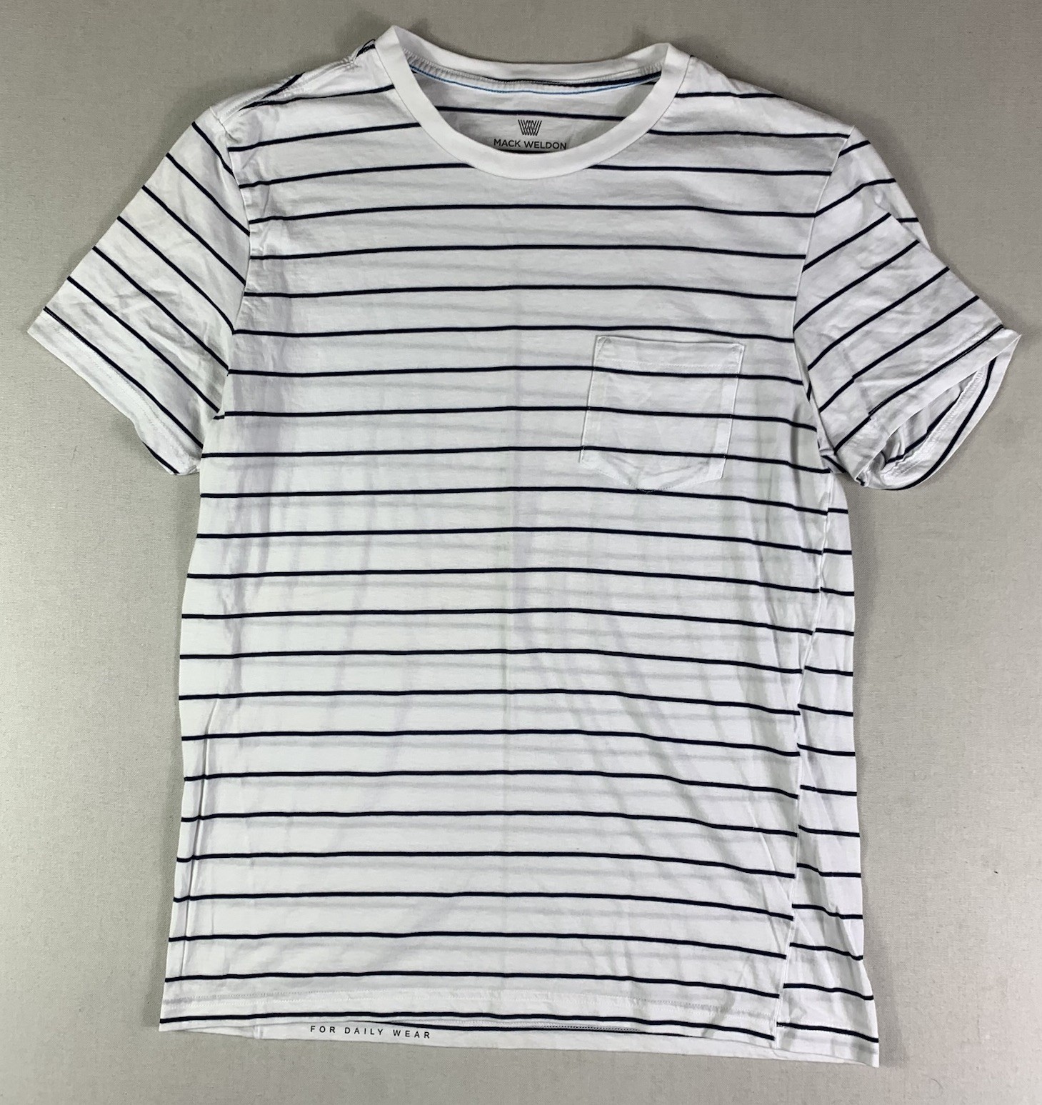 Mack Weldon Men’s LARGE White Striped Cotton Short Sleeve Crew Neck Pocket Tee