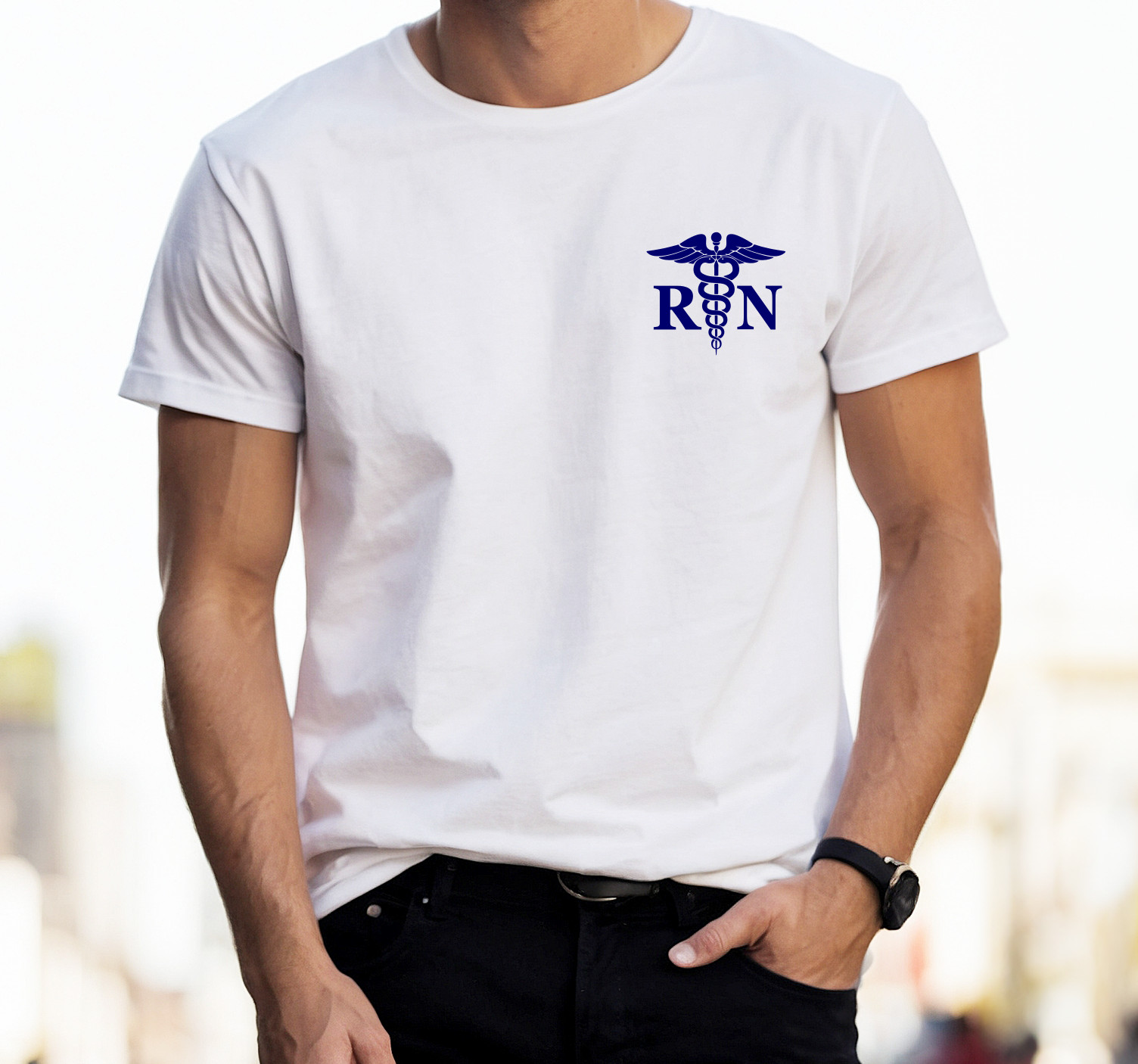 Men’s & Women’s Registered Nurse T-shirt, Left Front, RN Medical Caduceus Staff