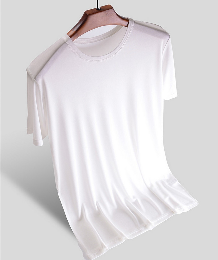 Men’s Silk T-Shirt Knitted Crew Neck Short Sleeve Summer Casual Top Soft