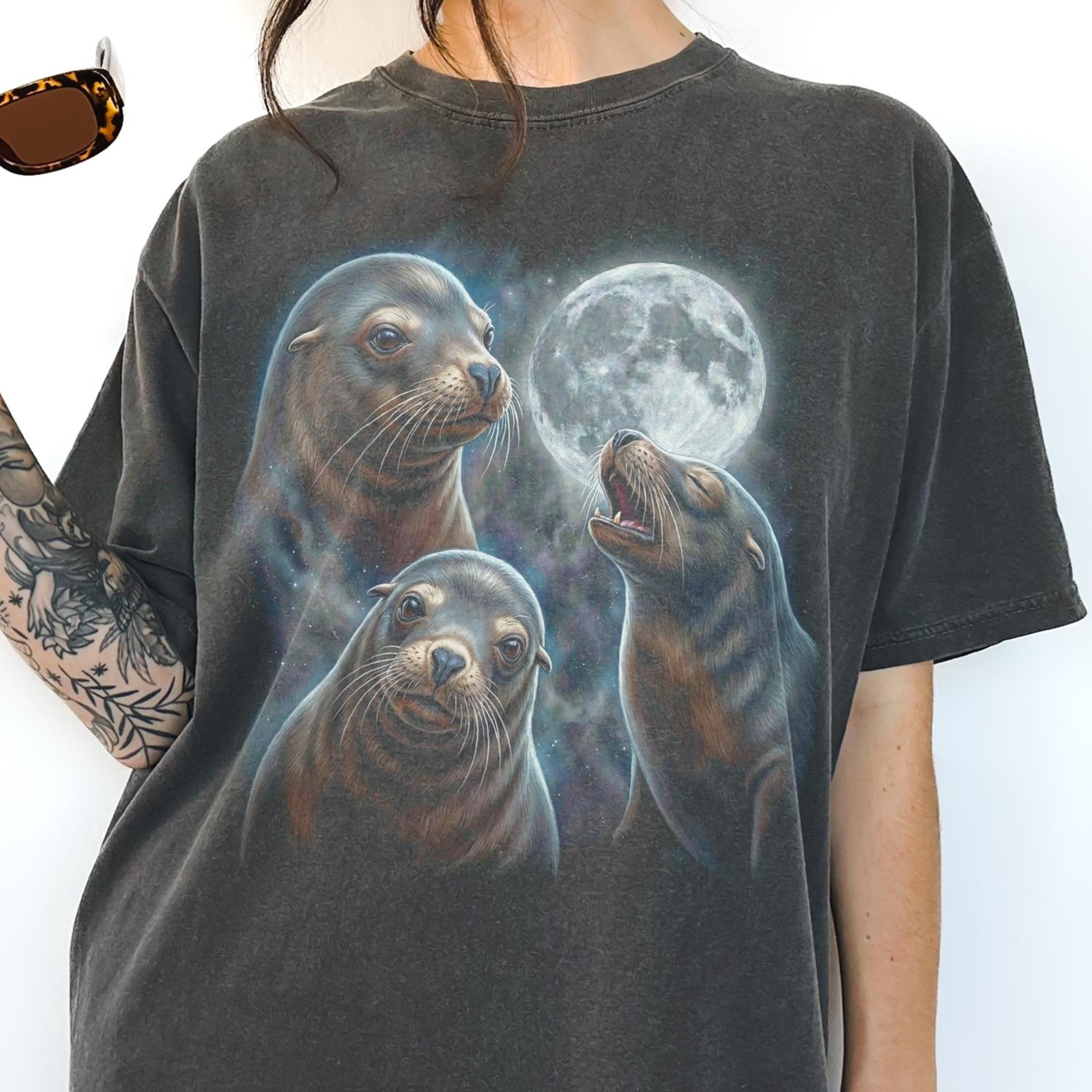 Three Sea Lion Moon Shirt, Seal Lover Gift, Vintage Sea Puppy Meme T-Shirt