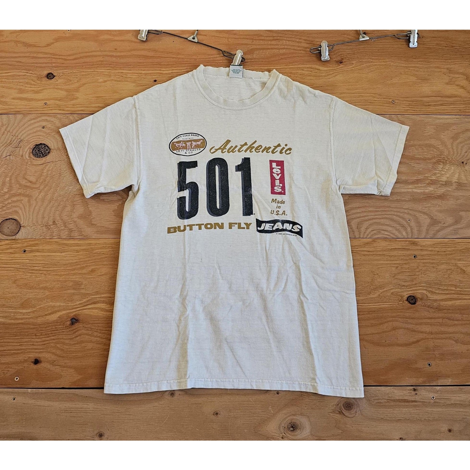 Levi’s 501 T-Shirt Authentic Button Fly Jeans Beige Sz L 1990s