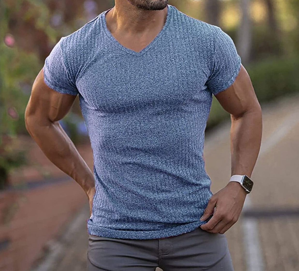 Athletic Mens Casual Workout Muscle V-Neck T Shirt Light Blue Size S