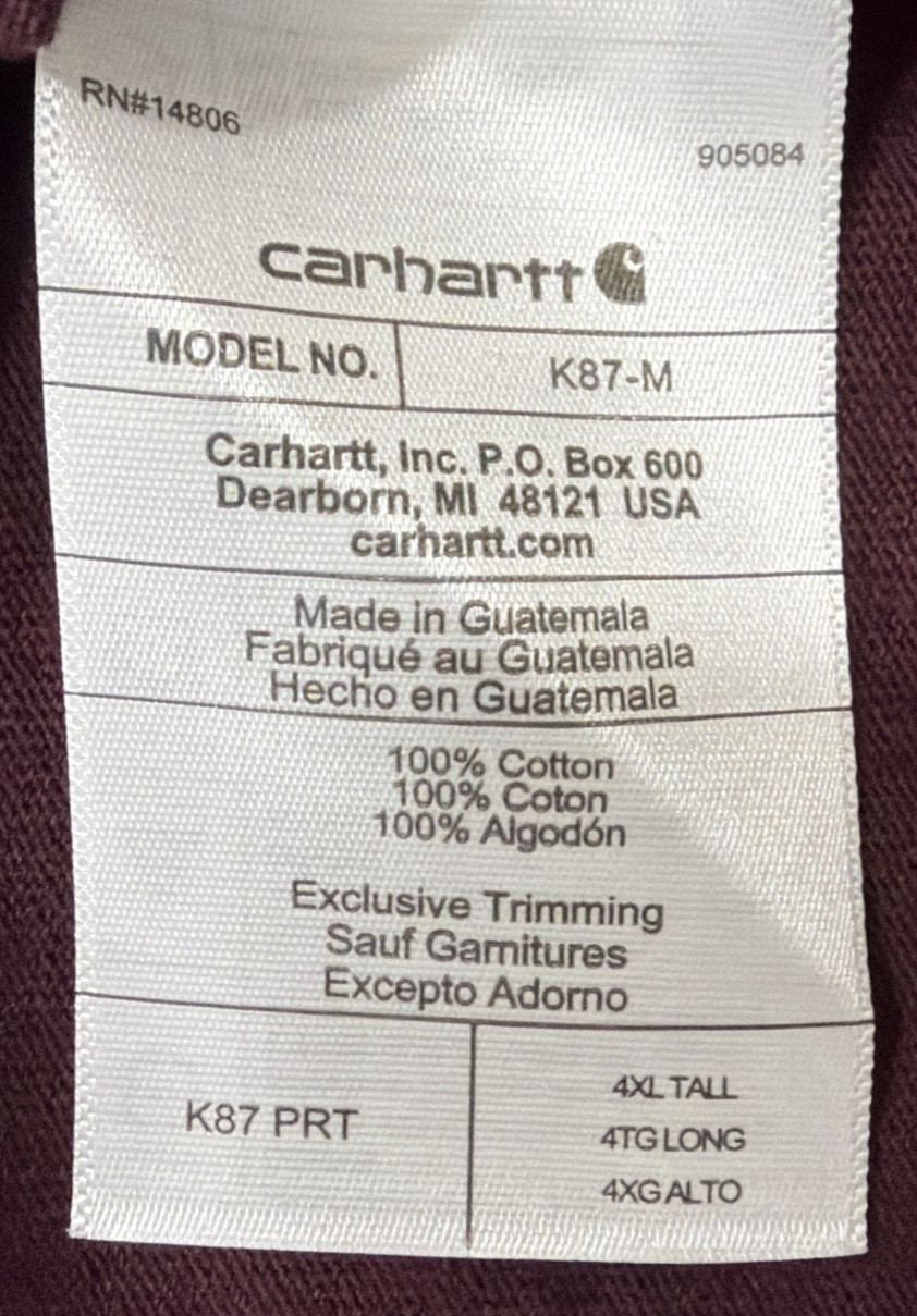 Men’s 4XL Tall Maroon Carhartt K87 Loose Fit Short Sleeve Pocket Cotton T-Shirt