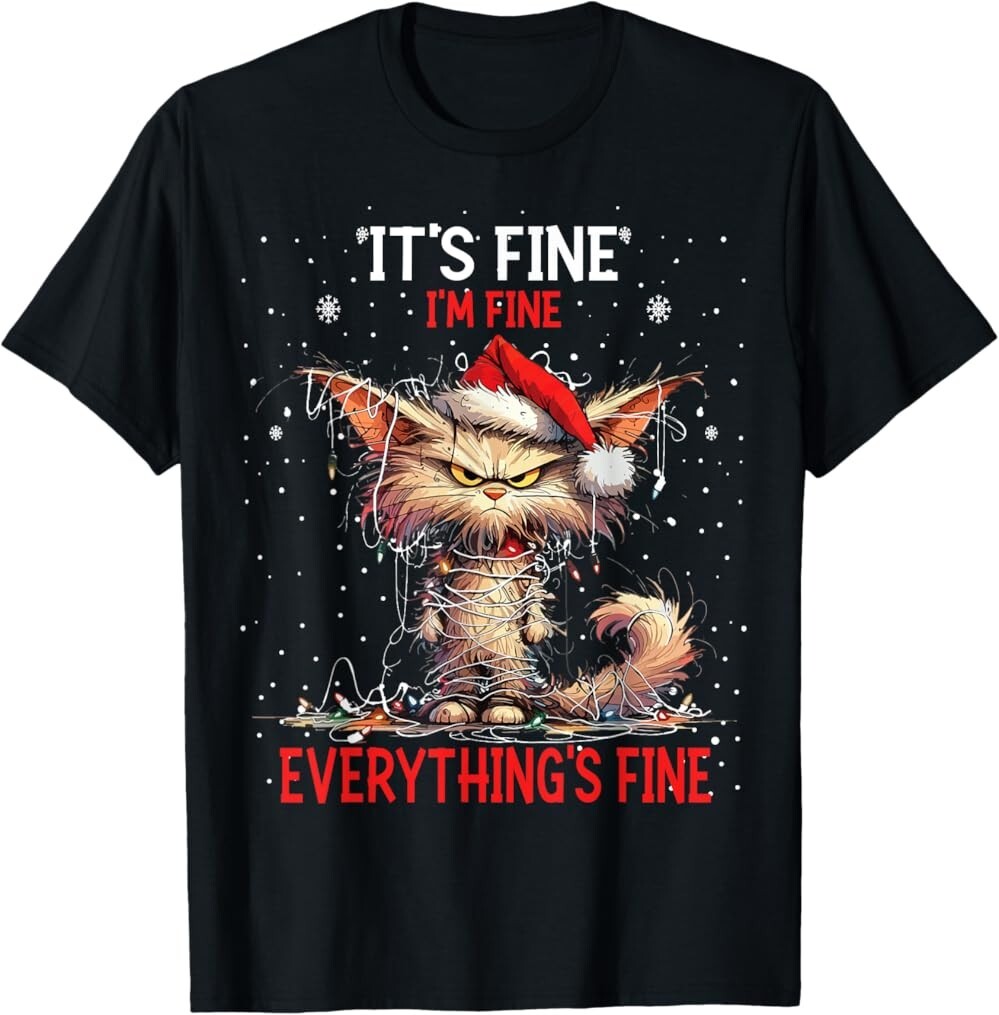 Cute Cat Xmas Lights It’s Fine I’m Fine Everything Is Fine T-Shirt, Unisex Tee